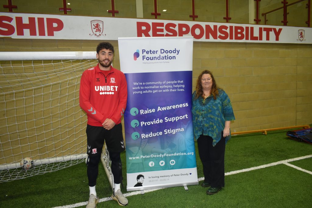 Joanne and our patron Matt Crooks at Middlesbrough football club training grounds